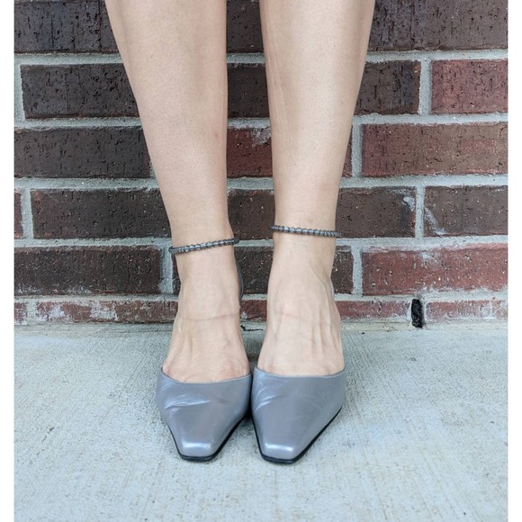 size 8.5 vintage y2k SILVER Beaded Ankle Strap FUTURISTIC HEELS square toe - Picture 3 of 10